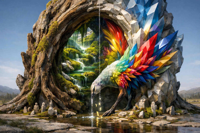 Ein fantastischer Vogel mit regenbogenfarbenen kristallinen Federn beugt sich an einer Wasserquelle vor einem gewaltigen Baumtor. Hinter dem Tor öffnet sich eine grüne, wasserreiche Landschaft mit kleinen Wasserfällen und leuchtenden Farben. Die Umgebung wirkt wie ein Übergang zwischen Natur, Mythos und Traumwelt. Kleine steinerne Figuren verstärken die sakrale Stimmung.