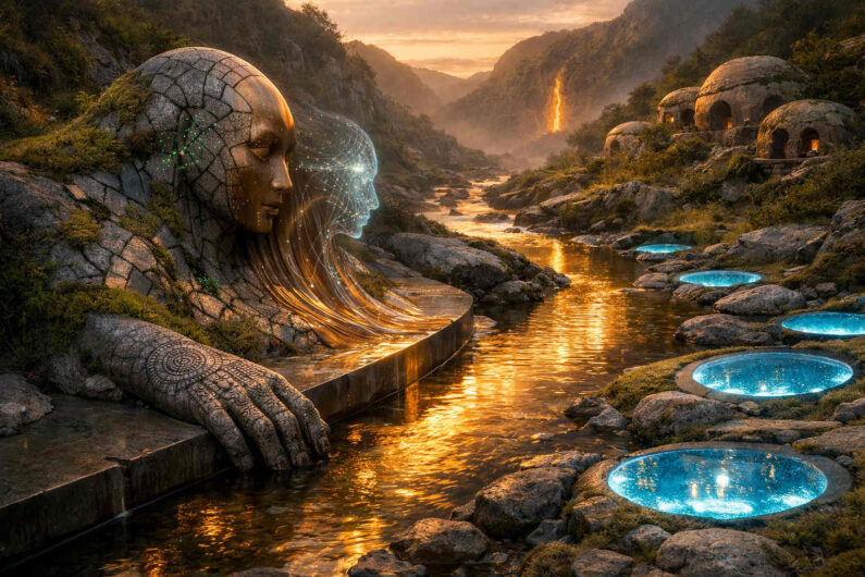 Gewaltige steinerne Frauenfigur liegt halb im Flussbett eines goldenen Tales, während ein transparentes digitales Gesicht aus Licht neben ihr schwebt. Türkis leuchtende Wasserbecken säumen die felsige Landschaft, im Hintergrund lodert ein schmaler Feuerfall. Kleine runde Häuser liegen verstreut an den Hängen. Abendliches Licht taucht die Szene in warme Orange- und Bronzetöne voller Melancholie.