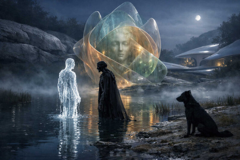 Mystische Nachtszene mit schwarzem Hund, dunkler Gestalt und einer leuchtenden humanoiden Wasserfigur im See. Im Hintergrund schwebt eine riesige transparente Form mit einem weiblichen Gesicht darin. Moderne futuristische Gebäude liegen im Nebel hinter dem Wasser. Mondlicht und Reflexionen erzeugen eine geheimnisvolle Atmosphäre.