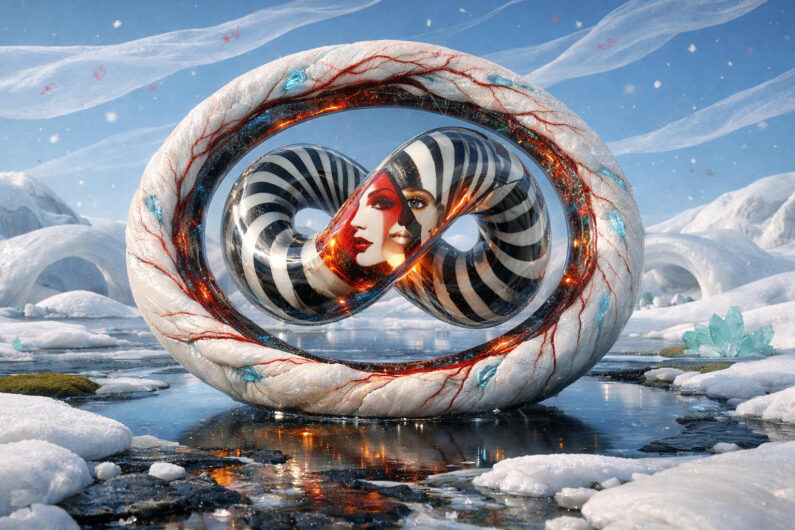 Surreales Objekt aus schneebedecktem Material mit gläsernem Inneren steht in einer vereisten Landschaft voller Rundformen und Kristalle. Im Zentrum erscheinen zwei ineinander verschmolzene Gesichter mit schwarz-weißen Spiralstrukturen und roten Akzenten. Feine Lichtadern und glühende Linien verleihen der Skulptur einen lebendigen Eindruck. Die Szene wirkt gleichzeitig kühl, traumhaft und symbolisch aufgeladen.