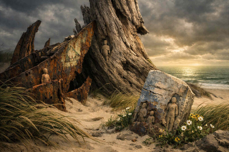 Am windigen Strand lehnen rostige Wrackteile und verwittertes Holz gegeneinander wie Relikte vergangener Zeiten. Kleine menschenähnliche Figuren scheinen aus Stein und Holz herauszuwachsen. Dünengras und weiße Blumen bewegen sich unter einem schweren Himmel. Das Bild vermittelt Vergänglichkeit, Erinnerung und stille Melancholie.