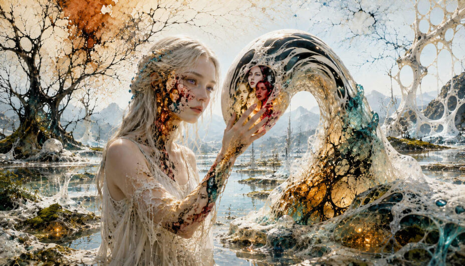 Eine blonde Frau steht in einer hellen surrealen Landschaft aus netzartigen organischen Strukturen und spiegelndem Wasser. Sie berührt eine geschwungene biomorphe Form, in deren Oberfläche mehrere weibliche Gesichter erscheinen. Feine goldene und schwarze Muster ziehen sich über Haut und Umgebung wie lebende Ornamentik. Die Szene verbindet Zerbrechlichkeit, Transformation und futuristische Eleganz.