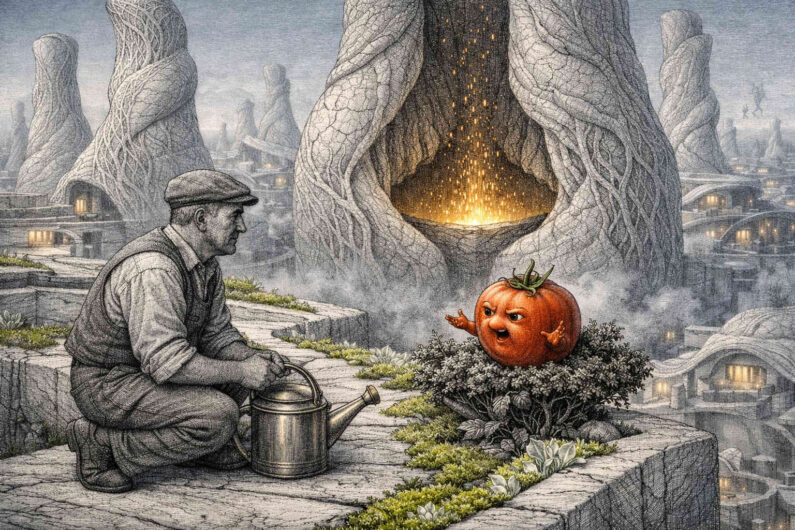 Ein kniender Mann mit Gießkanne betrachtet eine wütend wirkende Tomate mit Armen und Gesicht in einer surrealen Steinlandschaft. Riesige, verdrehte Türme ragen in den nebligen Himmel, während im Hintergrund ein goldenes Leuchten aus einem monumentalen Bauwerk strömt. Die Szene verbindet märchenhafte Absurdität mit fein gravierter Architektur und stiller Endzeitstimmung.