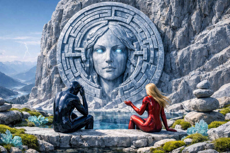Zwei futuristische Figuren sitzen an einem stillen Gebirgssee vor einem gigantischen steinernen Frauenrelief mit leuchtenden Augen. Die Felswand ist von kreisförmigen labyrinthartigen Strukturen umgeben. Kühles Licht reflektiert auf Wasser, Steinen und metallischen Oberflächen. Die Szene wirkt wie ein philosophisches Treffen in einer fremden Welt.