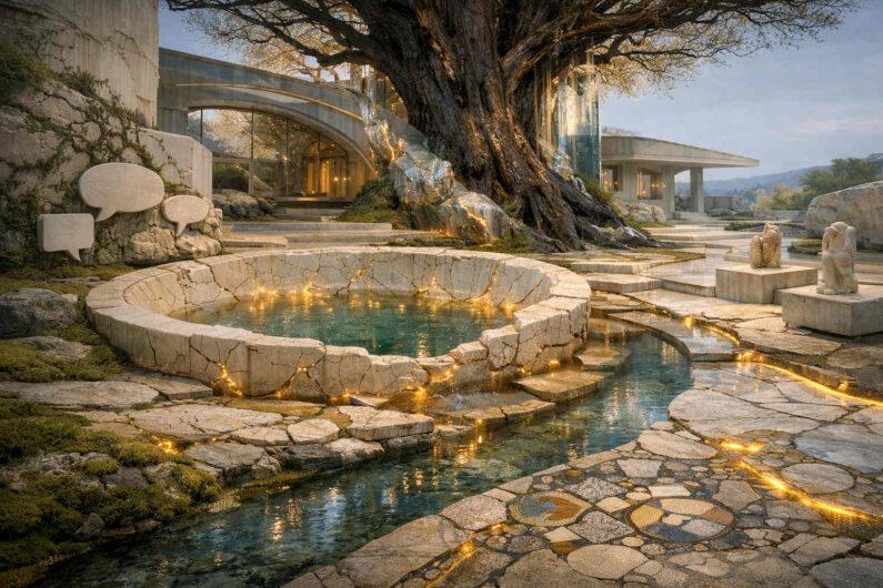 Zwischen moderner Architektur und uralten Bäumen fließen schmale Wasserläufe durch helle Steinflächen voller goldener Lichtadern. Ein kreisförmiges Becken liegt im Zentrum der Anlage, während symbolhafte Sprechblasen an einer Wand erscheinen. Die Szene verbindet Ruhe, Luxus und spirituelle Andeutung miteinander. Warmes Licht reflektiert sich im Wasser und auf dem Steinboden.