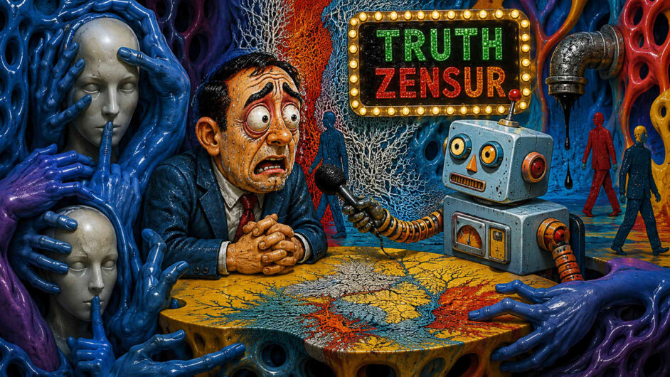 Surreale Comic-Szene mit ängstlichem Mann und kleinem Roboter an einem Tisch voller organischer Muster und leuchtender Farben. Im Hintergrund hängt ein Schild mit der Aufschrift „TRUTH ZENSUR“, während blaue Hände und gesichtslose Figuren die Szene umrahmen. Die Umgebung erinnert an eine Mischung aus Albtraum, Satire und Pop-Art. Übertriebene Gesichtsausdrücke und bizarre Details verstärken die groteske Wirkung.
