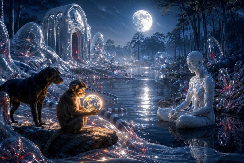 Unter einem hellen Vollmond sitzt eine weiße humanoide Figur meditierend im Wasser eines stillen Flusses. Auf einem Felsen davor hält ein kleiner Affe eine leuchtende Kugel in den Händen, während ein schwarzer Hund aufmerksam daneben steht. Die Umgebung besteht aus glänzenden, transparenten organischen Formen und futuristischen Gebäuden, die wie aus flüssigem Glas gewachsen wirken. Feine rote Lichtadern ziehen sich durch die Landschaft und spiegeln sich im Wasser. Die Szene vermittelt eine friedliche Begegnung zwischen Natur, Tierwelt und künstlichem Bewusstsein.
