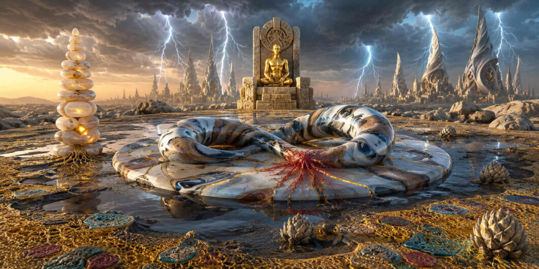 Eine surrealistische Landschaft zeigt einen riesigen marmorartigen Ringkörper auf einer Plattform unter dramatischen Gewitterwolken. Blitze zucken hinter futuristischen Türmen und einer goldenen meditierenden Statue auf einem Thron. Organische Strukturen, glänzende Oberflächen und feine rote Verästelungen erzeugen eine Mischung aus Technologie und Mythos. Die Szene wirkt monumental und bedrohlich zugleich.