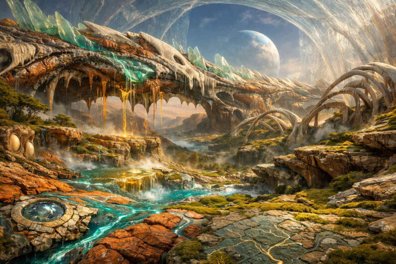 Eine fantastische Landschaft aus riesigen organischen Bögen, kristallinen Formen und leuchtenden Wasserläufen erstreckt sich unter einem fremden Himmel. Türkisfarbenes Wasser fließt durch moosbewachsene Terrassen und steinerne Ebenen. In der Ferne erhebt sich ein planetenähnlicher Himmelskörper über den gewaltigen Strukturen. Die Szene erinnert an eine uralte außerirdische Welt voller verborgener Energie.