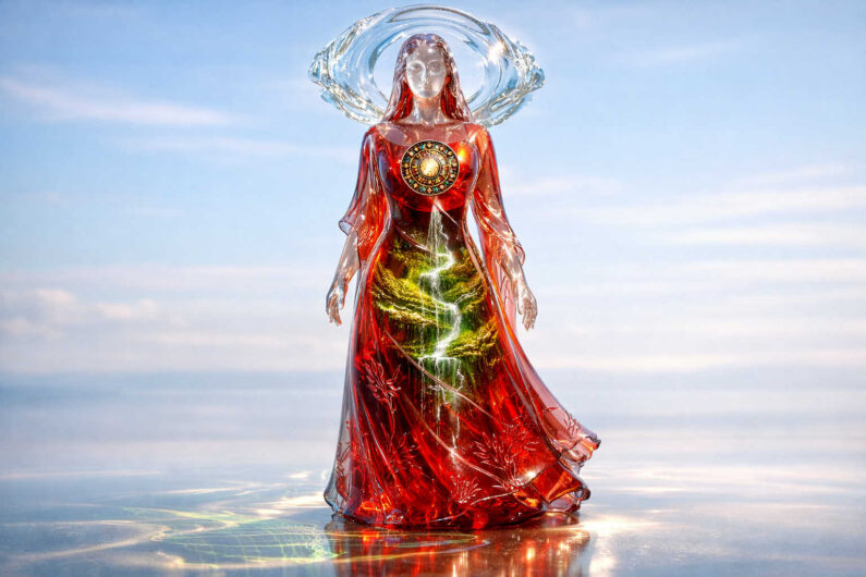Eine transparente Frauengestalt in einem fließenden roten Kleid schwebt über einer spiegelnden Oberfläche unter hellem Himmel. In ihrem Körper leuchtet eine miniature Landschaft mit Wasserfällen und grünem Terrain. Über ihrem Kopf bildet sich ein ringförmiger Wasserschleier wie ein Heiligenschein aus Glas. Das Bild verbindet futuristische Eleganz mit spiritueller Symbolik und kristalliner Klarheit.