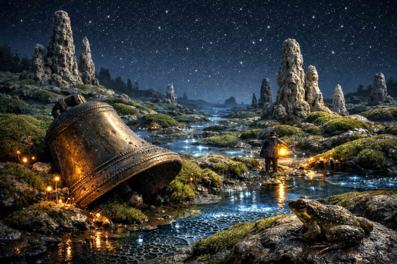 In einer nächtlichen Moorlandschaft liegt eine riesige bronzene Glocke halb im Wasser zwischen moosigen Steinen und bizarren Felsnadeln. Ein kleiner Wanderer trägt eine Laterne und bewegt sich durch schimmernde Wasserläufe voller reflektierender Sterne. Ein Frosch sitzt im Vordergrund und beobachtet die stille Szene. Das Bild erzeugt eine märchenhafte Stimmung voller Einsamkeit und Geheimnis.
