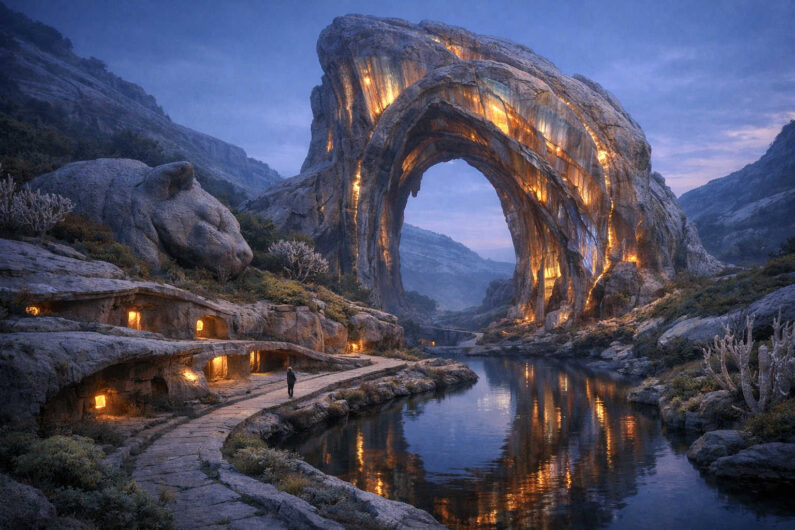 Ein gewaltiger Felsbogen überspannt einen stillen Fluss in einer bergigen Landschaft der Dämmerung. Warme Lichtquellen leuchten aus kleinen Höhlenwohnungen entlang eines schmalen Weges. Die Wasseroberfläche spiegelt die goldenen Linien im Gestein wider. Die Szene wirkt wie eine verborgene Siedlung aus einer vergessenen Mythologie.