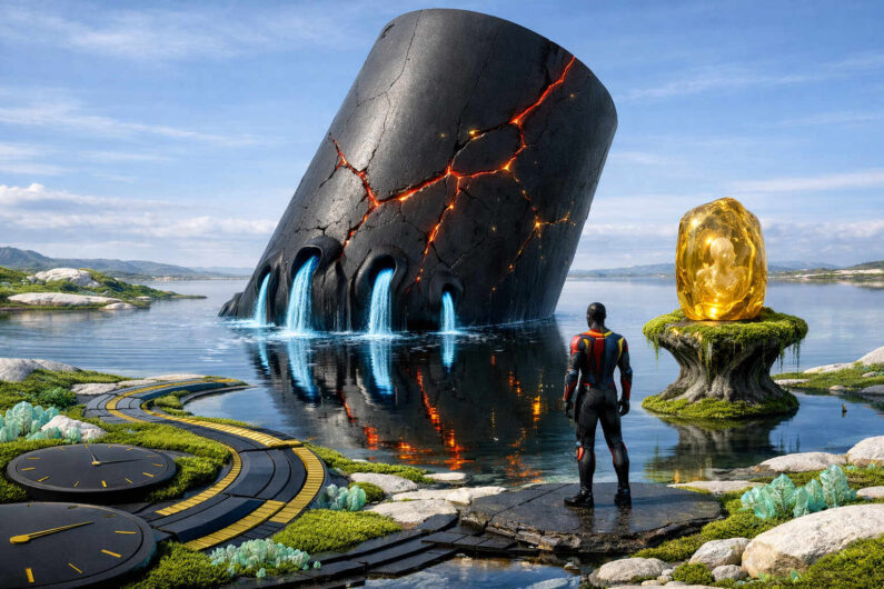 Ein riesiger schwarzer Zylinder mit glühenden Rissen steht schräg im ruhigen Wasser einer hellen Küstenlandschaft. Eine futuristische Figur blickt von einem geometrischen Wegsystem auf das monumentale Objekt. Neben ihr ruht eine goldene transparente Kapsel auf einem steinartigen Sockel mit moosbewachsenen Rändern. Das Bild vereint Science-Fiction-Ästhetik mit friedlicher Naturkulisse.