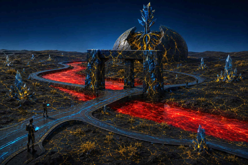Eine nächtliche Landschaft aus schwarzem vulkanischem Boden wird von roten glühenden Flüssen durchschnitten, die wie flüssige Lava durch die Ebene strömen. Dazwischen verlaufen futuristische Wege mit feinen blauen Lichtlinien, auf denen kleine Menschen mit leuchtenden Geräten stehen. Im Zentrum erhebt sich ein massives steinernes Tor vor einer kugelförmigen Struktur mit goldenen Energieadern und kristallinem Kern. Überall wachsen blaue Kristalle aus dem Boden und reflektieren das kalte Licht des Nachthimmels. Die Szene wirkt gleichzeitig archaisch und technologisch, wie ein heiliger Ort einer fremden Zivilisation. Die starken Farbkontraste aus Rot, Blau und Gold verleihen dem Bild eine intensive, fast kosmische Spannung.