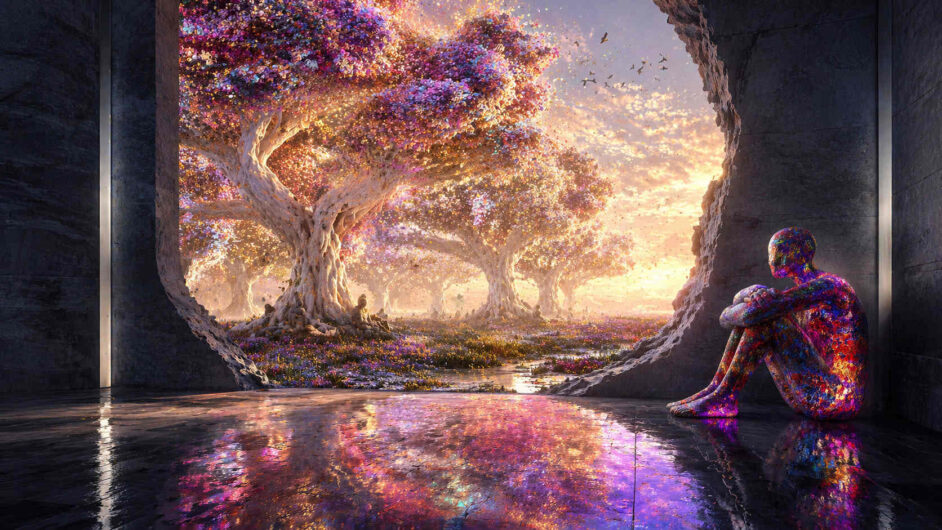 Eine schimmernde Gestalt sitzt nachdenklich in einer dunklen steinernen Halle und blickt hinaus auf eine leuchtende Landschaft voller gigantischer Bäume. Die Baumkronen glühen in Rosa-, Gold- und Violetttönen, als würden ihre Blätter aus Licht bestehen. Auf dem spiegelnden Boden im Vordergrund reflektieren sich die Farben wie flüssige Erinnerungen. Zwischen den Bäumen ziehen kleine Vögel durch den hellen Himmel des Sonnenaufgangs. Das Bild verbindet Einsamkeit, Staunen und eine fast kosmische Sehnsucht nach einer anderen Wirklichkeit.