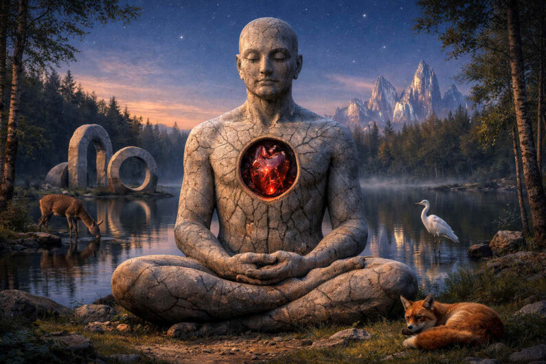 Eine monumentale steinerne Meditationsfigur sitzt am Ufer eines ruhigen Sees in einer Waldlandschaft bei Abendlicht. In ihrer Brust leuchtet ein rot glühender kristallartiger Kern wie ein verborgenes Herz. Tiere wie ein Reh, ein Reiher und ein schlafender Fuchs umgeben die friedliche Szene. Im Hintergrund stehen steinerne Torformen vor fernen Bergen und spiegeln sich im Wasser.