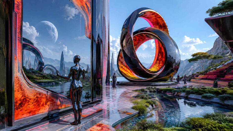 Futuristische Landschaft mit glänzenden schwarzen Ringstrukturen und spiegelnden Oberflächen. Orange glühende Innenflächen kontrastieren mit blauem Himmel und ruhigen Wasserkanälen. Eine humanoide schwarze Figur blickt in eine reflektierende Wand wie in ein anderes Universum. Zwischen monumentalen Skulpturen wachsen kleine Grünflächen entlang geometrischer Wege. Das Bild verbindet elegante Science-Fiction mit minimalistischer Monumentalität.