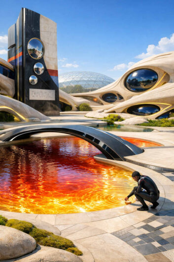 Eine futuristische Architektur aus geschwungenen hellen Formen umgibt ein Wasserbecken mit orange leuchtender Oberfläche. Ein dunkler Monolith mit spiegelnden Kreisen erhebt sich neben einer kleinen Brücke. Eine Person kniet am Rand des Beckens und berührt das Wasser. Im Hintergrund spannt sich eine transparente Kuppel über die ferne Landschaft.
