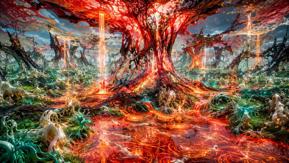 Ein gewaltiger organischer Baum aus rot glühender Materie erhebt sich über einer fantastischen Landschaft voller flüssiger Lichtadern. Seine Äste und Wurzeln verschmelzen mit netzartigen Strukturen und leuchtenden Wasserläufen, die sich über den Boden ausbreiten. Zwischen türkisfarbenen Pflanzen und hellen organischen Formen entstehen starke Kontraste zu den feurigen Rottönen. Die Umgebung wirkt lebendig, beinahe biologisch atmend, als würde der ganze Planet aus Energie bestehen. Das Bild verbindet Natur, Alien-Architektur und abstrakte Lichtmuster zu einer visionären Traumlandschaft.