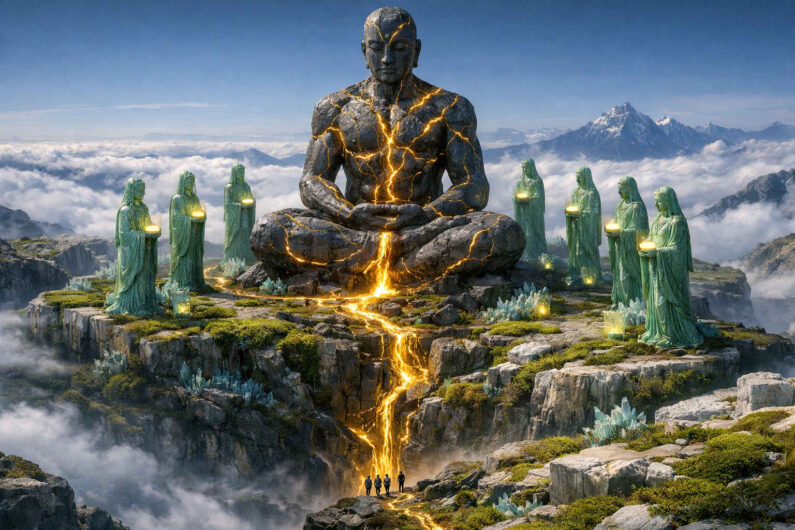 Monumentale dunkle Steinstatue sitzt meditierend auf einer schwebenden Felsplattform über den Wolken. Goldene Energieadern durchziehen den Körper und fließen wie Lava durch einen tiefen Felsspalt nach unten. Rund um die Figur stehen grüne Statuen mit leuchtenden Schalen in den Händen. Schneebedeckte Berge und dichter Nebel verstärken die sakrale Wirkung.