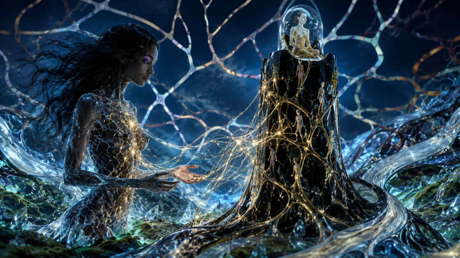Transluzente weibliche Figur sitzt vor einer dunklen glänzenden Säule voller kleiner menschlicher Wesen. Leuchtende goldene Fäden verbinden beide Figuren wie neuronale Netzwerke. Über der Säule sitzt eine meditierende Gestalt unter einer gläsernen Kuppel. Die Umgebung besteht aus fließenden kristallinen Formen und schimmernden Oberflächen. Das Bild vermittelt eine Mischung aus spiritueller Verbindung und technologischer Evolution.