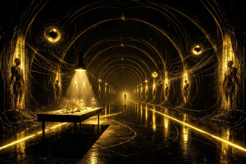 Dunkler futuristischer Korridor voller goldener Lichtlinien und hoher Bögen erstreckt sich in die Tiefe. Menschenähnliche Figuren stehen reglos entlang der Wände, verbunden mit filigranen Kabelstrukturen. Eine einzelne Person nähert sich einem hellen Lichtpunkt am Ende des Raumes. Reflektionen auf dem schwarzen Boden verstärken die geheimnisvolle Stimmung.