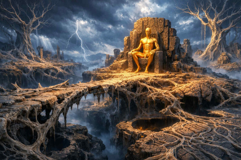 Eine goldene humanoide Statue sitzt auf einem steinernen Thron in einer düsteren Landschaft voller Ruinen, Wurzeln und tiefer Abgründe. Blitze durchziehen den dunklen Himmel, während fahles Licht auf zerklüftete Brücken und eingestürzte Ebenen fällt. Die Oberfläche des Bodens wirkt wie versteinertes organisches Gewebe. Das Bild erzeugt eine Atmosphäre von Vergänglichkeit und uralter Macht.