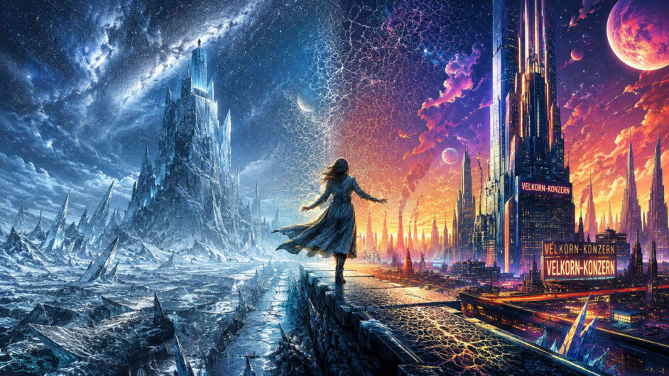 Junge Frau steht auf einer schmalen Plattform zwischen zwei völlig unterschiedlichen Welten. Links erstreckt sich eine eisige blaue Landschaft mit gewaltigen Kristalltürmen, rechts eine leuchtende futuristische Megastadt voller Neonfarben. Der Himmel teilt sich ebenfalls in kalte und warme Farbstimmungen. Das Bild symbolisiert Übergang, Entscheidung und den Konflikt zweier Zivilisationen.