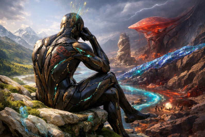 Schwarze biomechanische Figur sitzt nachdenklich auf einem Felsen über einer dramatischen Landschaft aus grünen Tälern und glühenden Vulkanformationen. Ein blau leuchtender Fluss trennt friedliche Natur von einer roten zerstörerischen Zone. Kleine Menschen versammeln sich an einem Feuer tief unten im Tal. Gewitterwolken und futuristische Formen erzeugen eine epische, konfliktreiche Stimmung.