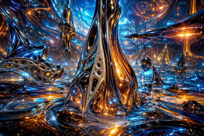 Hyperrealistische Innenwelt aus glänzenden blau-goldenen biomorphen Strukturen mit reflektierenden Oberflächen und organischen Öffnungen. Flüssig wirkende Formen wachsen wie futuristische Säulen aus dem Boden und verschmelzen mit der Umgebung. Kleine schwebende Objekte und intensive Lichtreflexe erzeugen eine fremdartige Atmosphäre. Die Architektur wirkt lebendig, technisch und gleichzeitig organisch.
