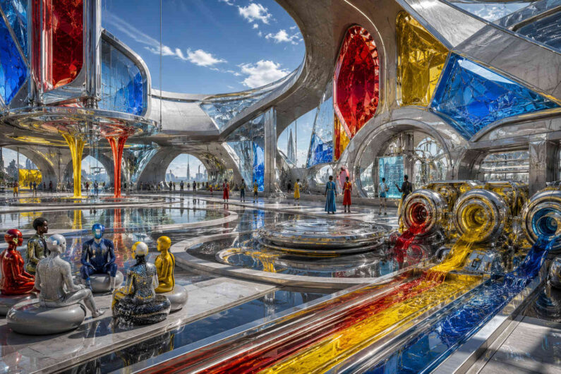 Eine riesige futuristische Innenarchitektur aus Glas, Chrom und transparenten Farbkörpern öffnet sich unter hellem Tageslicht. Rot, Gelb und Blau fließen wie leuchtende Flüssigkeiten durch massive Röhren und verteilen sich über glänzende Oberflächen. Im Vordergrund sitzen mehrere humanoide Figuren in metallisch schimmernden Farben auf runden Podesten. Hohe Bögen und kristallartige Fensterstrukturen erzeugen ein Gefühl von Weite und technologischer Eleganz. Menschen bewegen sich durch die lichtdurchflutete Halle wie Besucher eines utopischen Kulturzentrums. Die gesamte Szene wirkt zugleich luxuriös, surreal und harmonisch geordnet.