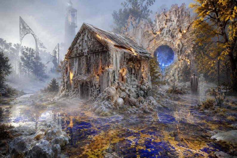 Ein altes Holzhaus steht in einer nebeligen Landschaft und scheint langsam mit einer weißen, wachsartigen Substanz zu verschmelzen. Hinter dem Gebäude öffnet sich ein leuchtendes rundes Portal in einer zerklüfteten Wandstruktur. Der Boden reflektiert Blau- und Goldtöne wie ein flüssiges Mosaik. Im Hintergrund ragen filigrane geometrische Konstruktionen und ein hoher Turm in den Himmel. Zwei stille Gestalten stehen am Rand der Szene und verstärken die geheimnisvolle Stimmung. Das Bild verbindet ländliche Vergänglichkeit mit fantastischer Science-Fiction-Architektur.