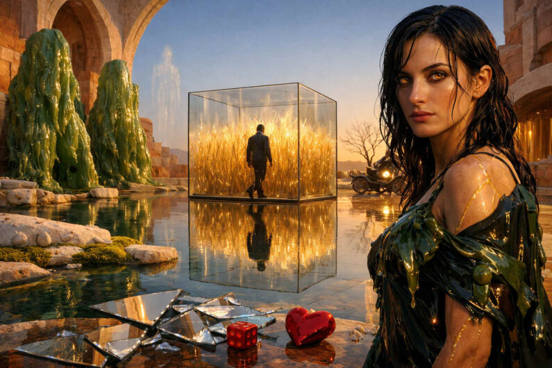 Dunkelhaarige Frau mit glänzendem schwarzem Kleid steht im Vordergrund einer surrealen Palastlandschaft. Hinter ihr befindet sich ein gläserner Kubus voller goldener Halme, in dem ein Mann umhergeht. Zerbrochene Spiegelstücke, ein rotes Herz und ein Würfel liegen auf dem nassen Boden. Organisch wirkende grüne Formen und warmes Abendlicht verstärken die unwirkliche Atmosphäre.