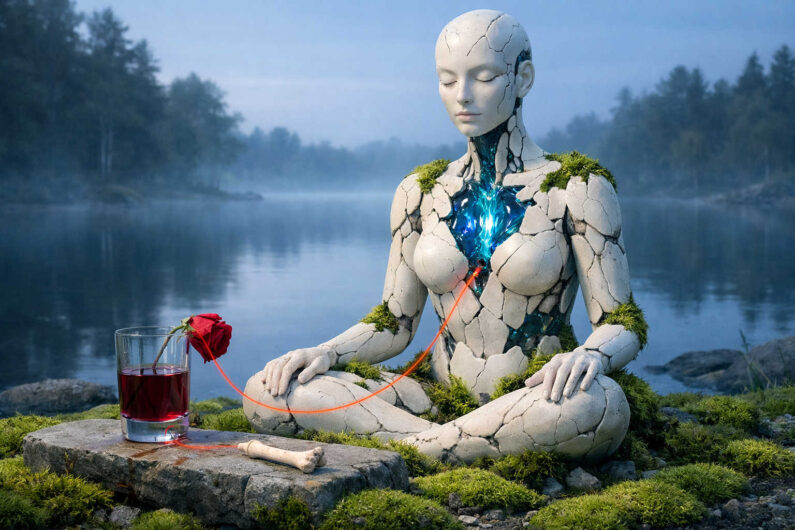 Meditierende humanoide Steinfigur sitzt regungslos an einem nebligen Seeufer. Im geöffneten Brustraum leuchtet ein blaues kristallartiges Herz, verbunden durch einen roten Lichtfaden mit einer Rose in einem Glas dunkler Flüssigkeit. Moose wachsen auf dem rissigen Körper, während ein einzelner Knochen auf dem Steinboden liegt. Die Szene verbindet Ruhe, Zerbrechlichkeit und futuristische Symbolik in kühler Morgenstimmung.