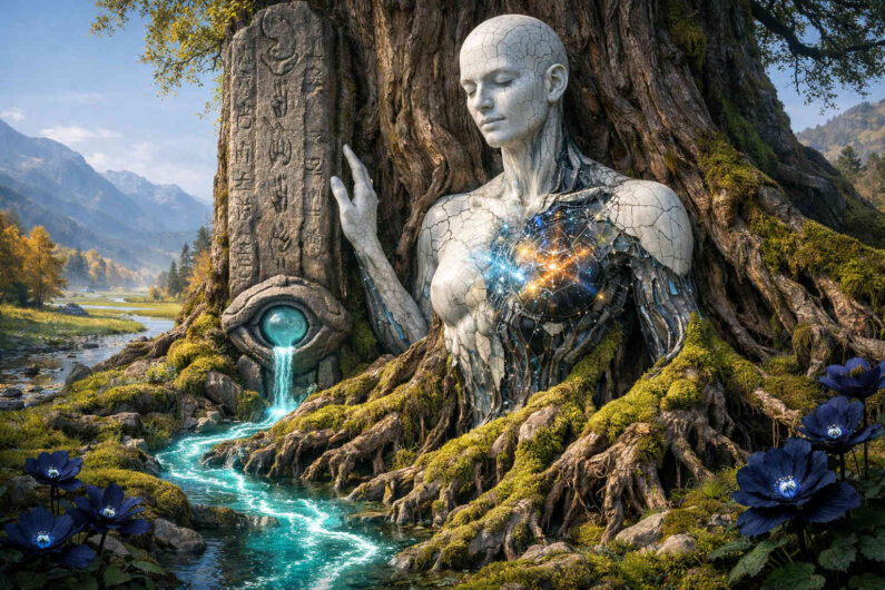 Riesige humanoide Statue mit rissiger weißer Oberfläche sitzt halb im Stamm eines uralten Baumes. Aus einem steinernen Auge fließt leuchtend türkisfarbenes Wasser durch moosige Wurzeln in einen Bach. Im Brustbereich der Figur glühen kosmische Lichtadern wie ein Sternennetz. Im Hintergrund erstreckt sich eine friedliche Berglandschaft unter hellem Himmel.