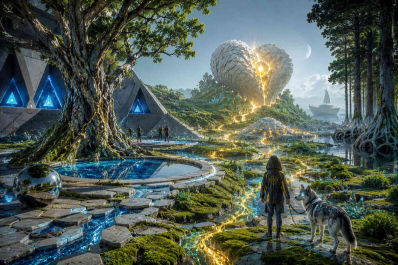 Eine weitläufige Landschaft aus Wasserarmen, Moosflächen und geometrischen Steinwegen breitet sich unter hellem Himmel aus. Im Zentrum leuchtet eine gigantische herzförmige Struktur aus weißem Material, durchzogen von goldenen Lichtadern, die sich wie Flüsse durch das Gelände ziehen. Vorne steht eine vermummte Person mit einem Wolf an ihrer Seite und blickt auf die leuchtende Formation in der Ferne. Links ragt ein riesiger Baum neben futuristischen Gebäuden mit blauen Lichtfenstern empor. Die Szene wirkt wie eine friedliche Verbindung aus Naturheiligtum, Science-Fiction und spiritueller Architektur.