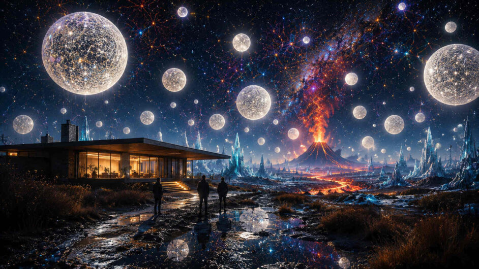 Drei Menschen stehen vor einem modernen Haus und blicken auf eine fantastische Landschaft mit Vulkan, Kristallformationen und zahllosen leuchtenden Kugeln am Himmel. Spiegelnde Wasserflächen reflektieren die kosmische Szenerie. Die Kombination aus futuristischer Architektur und surrealem Sternenhimmel vermittelt Staunen und Einsamkeit zugleich. Orangefarbene Lava kontrastiert mit kühlen blauen und schwarzen Tönen.
