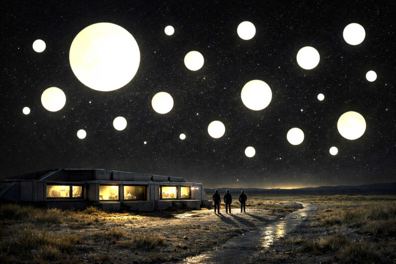 Mehrere Menschen stehen vor einem flachen modernen Haus und blicken in einen Nachthimmel voller leuchtender weißer Kugeln. Die Lichter schweben wie künstliche Monde über einer dunklen Landschaft und spiegeln sich im feuchten Boden. Das warme Licht aus dem Haus bildet einen stillen Gegenpol zur kosmischen Weite. Die Szene wirkt zugleich friedlich und unheimlich.