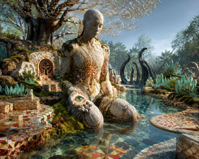 Eine monumentale weibliche Statue aus mosaikartigem Stein sitzt halb im klaren Wasser eines surrealen Gartens. In ihrer geöffneten Hand liegt ein einzelnes grünes Auge, das wie ein mystisches Artefakt wirkt. Türkise Kristalle, organische Bögen und alte Bäume umgeben die friedliche Szenerie. Die Oberflächen aus Mosaik, Moos und Lichtreflexen verleihen dem Bild eine lebendige, beinahe atmende Struktur.