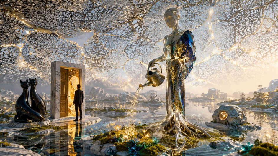 Riesige elegante Frauenfigur aus glänzendem Material steht in einer hellen surrealen Wasserlandschaft und gießt leuchtendes Wasser aus einer goldenen Kanne. Über der Szene spannt sich ein filigranes netzartiges Muster aus Licht und organischen Strukturen. Neben einer offenen Tür steht ein Mensch im Gegenlicht, begleitet von schwarzen katzenartigen Skulpturen. Die gesamte Umgebung wirkt ruhig, magisch und von warmem Goldlicht erfüllt.