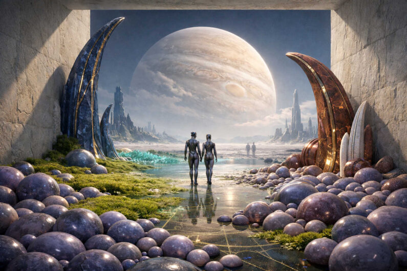 Zwei silbern glänzende humanoide Figuren gehen durch eine monumentale Öffnung in eine futuristische Landschaft mit riesigem Planeten am Himmel. Zwischen geschwungenen Kristallformen und kugelförmigen Steinen spiegelt sich das Licht im flachen Wasser. Ferne Türme ragen aus einer stillen Ebene empor und verleihen der Szene eine sakrale Science-Fiction-Stimmung. Die Architektur wirkt zugleich archaisch und hochentwickelt.