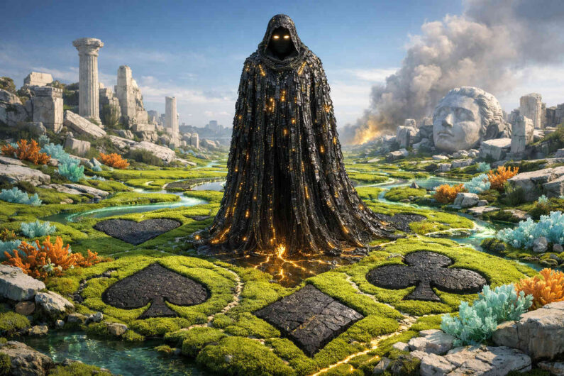 Dunkle verhüllte Gestalt mit glühenden Augen steht in einer surrealen Landschaft aus antiken Ruinen und leuchtenden Wasserläufen. Im moosigen Boden sind gigantische Spielkartensymbole eingelassen, die wie uralte Zeichen wirken. Im Hintergrund liegen zerfallene Steinköpfe und Rauch steigt aus der Ferne auf. Die Szene verbindet Fantasy, Untergangsstimmung und geheimnisvolle Macht.