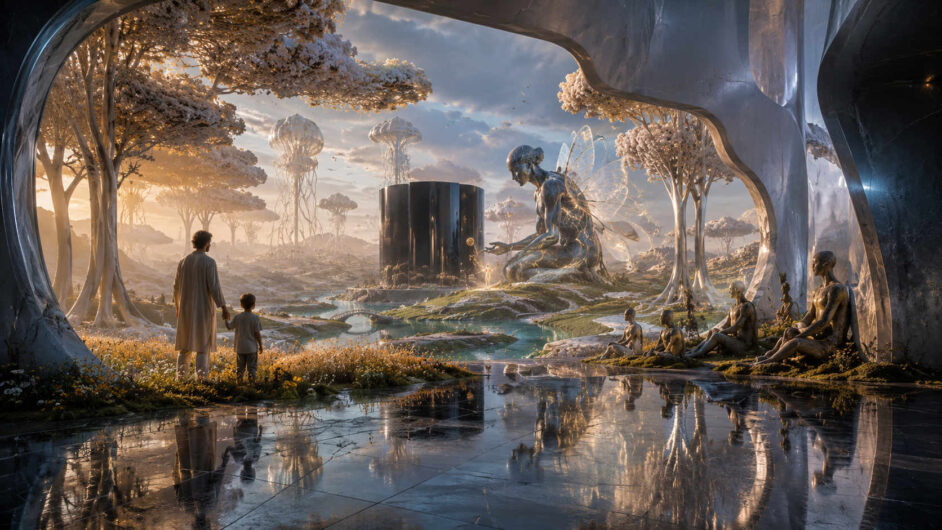 Eine weite futuristische Landschaft öffnet sich unter warmem Abendlicht mit weißen Bäumen, spiegelnden Wasserläufen und organischen Bauwerken. Im Zentrum kniet eine riesige biomechanische Wesenheit vor einem schwarzen Monolithen und scheint ein kleines Licht zu betrachten. Im Vordergrund stehen ein Erwachsener und ein Kind und blicken staunend in die ferne Welt hinein. Weitere ruhende Gestalten sitzen still entlang des Wassers und beobachten die Szene. Die gesamte Komposition strahlt Frieden, Hoffnung und eine fast spirituelle Ruhe aus.