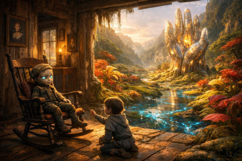 Ein kleines Kind kniet in einer alten Holzhütte vor einer unheimlichen Puppe mit leuchtenden Augen. Durch die offene Wand zeigt sich ein fantastisches Tal mit leuchtenden Wasserläufen und einer riesigen goldenen Hand aus kristallinem Material. Warme Abendfarben tauchen die Landschaft in märchenhaftes Licht. Die Szene wirkt zugleich zärtlich, geheimnisvoll und leicht unheimlich.