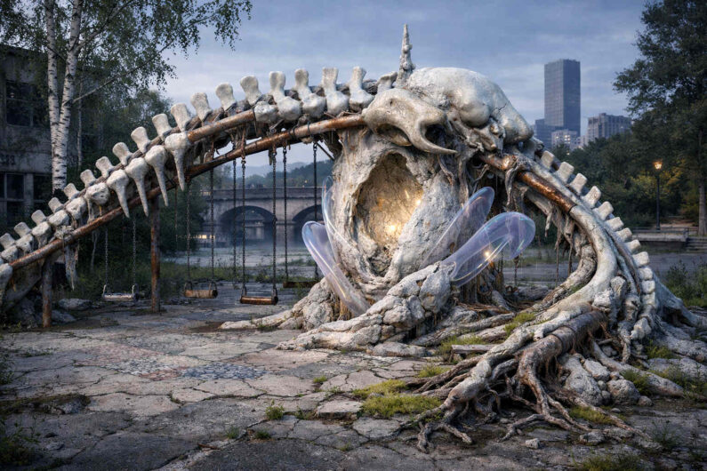 Ein riesiges skelettartiges Wesen aus Knochen und Wurzeln bildet einen gebogenen Tunnel über einem verlassenen Spielplatz mit Schaukeln. Im Inneren seines geöffneten Schädels leuchtet warmes Licht wie eine verborgene Seele. Die Umgebung wirkt verfallen, überwuchert und still, während im Hintergrund eine graue Stadtlandschaft sichtbar ist. Die Szene verbindet Vergänglichkeit mit unheimlicher Märchenhaftigkeit.