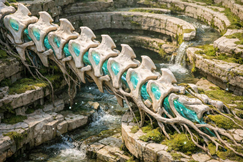 Helle knochenartige Struktur spannt sich über gestufte Wasserläufe und moosbewachsene Steinflächen. Türkis leuchtende Einschlüsse verlaufen durch das organische Gebilde wie flüssige Energie. Kleine Wasserfälle fließen durch die labyrinthartige Landschaft aus Steinringen und Kanälen. Wurzeln und feine Partikel verleihen der Szene eine lebendige, verwachsene Atmosphäre.