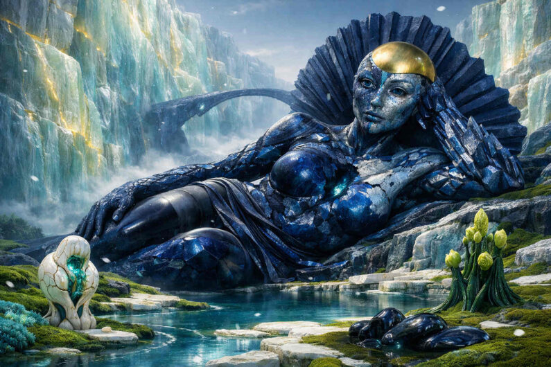 Riesige weibliche Figur aus blau schimmerndem Gestein liegt in einer eisigen Landschaft neben Wasserfällen und Nebel. Goldene und türkise Lichtakzente betonen Gesicht und Körper der Statue. Im Vordergrund stehen fremdartige organische Gebilde am Wasserufer. Die Szene erinnert an eine mythologische Gottheit aus einer anderen Welt.