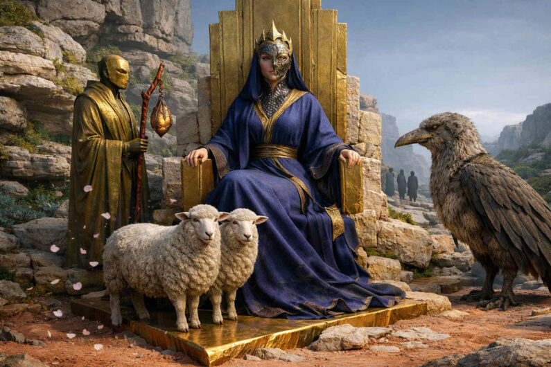 Maskierte Frau in königsblauem Gewand sitzt auf einem goldenen Thron in einer felsigen Landschaft. Vor ihr stehen zwei weiße Schafe, daneben ein großer dunkler Vogel mit durchdringendem Blick. Eine goldene Figur mit Stab wacht an ihrer Seite, während ferne Menschen im Hintergrund erscheinen. Die Szene erinnert an eine mythische Zeremonie voller rätselhafter Symbolik.