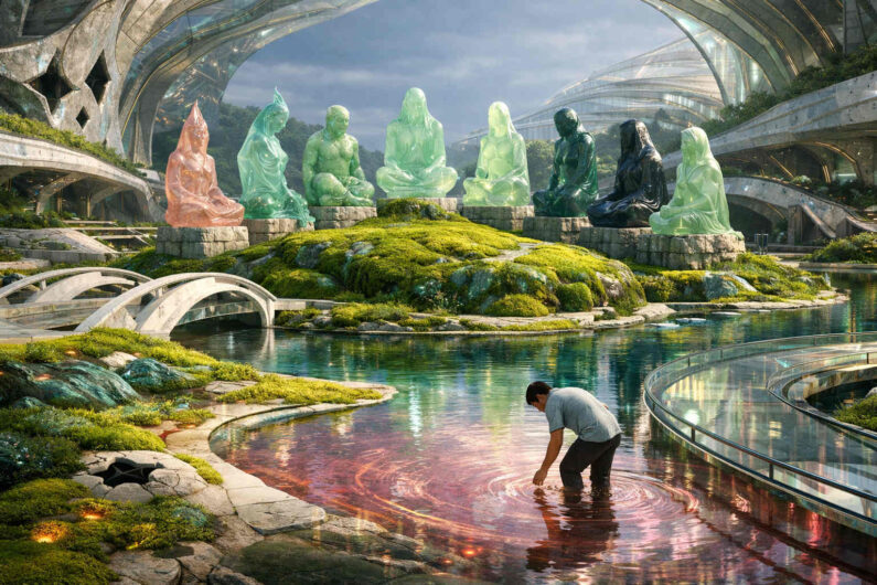 Mehrere halbtransparente Figuren sitzen auf einer begrünten Insel in futuristischer Architektur aus Glas und Beton. Ein Mann steht knietief in rötlich schimmerndem Wasser und untersucht die Oberfläche. Brücken und geschwungene Wege verbinden die verschiedenen Ebenen der Anlage. Die Stimmung erinnert an eine utopische spirituelle Gemeinschaft.