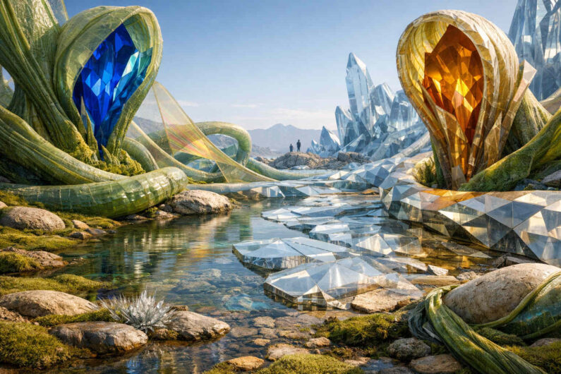 Fantastische Landschaft mit riesigen blauen und goldenen Kristallformen, die aus organisch wirkenden Strukturen hervorragen. Ein klarer Wasserlauf fließt zwischen spiegelnden Glasflächen und felsigem Boden hindurch. Im Hintergrund stehen winzige menschliche Figuren zwischen hohen Kristallformationen. Die Szene wirkt wie ein fremder, stiller Planet voller Licht und Transparenz.